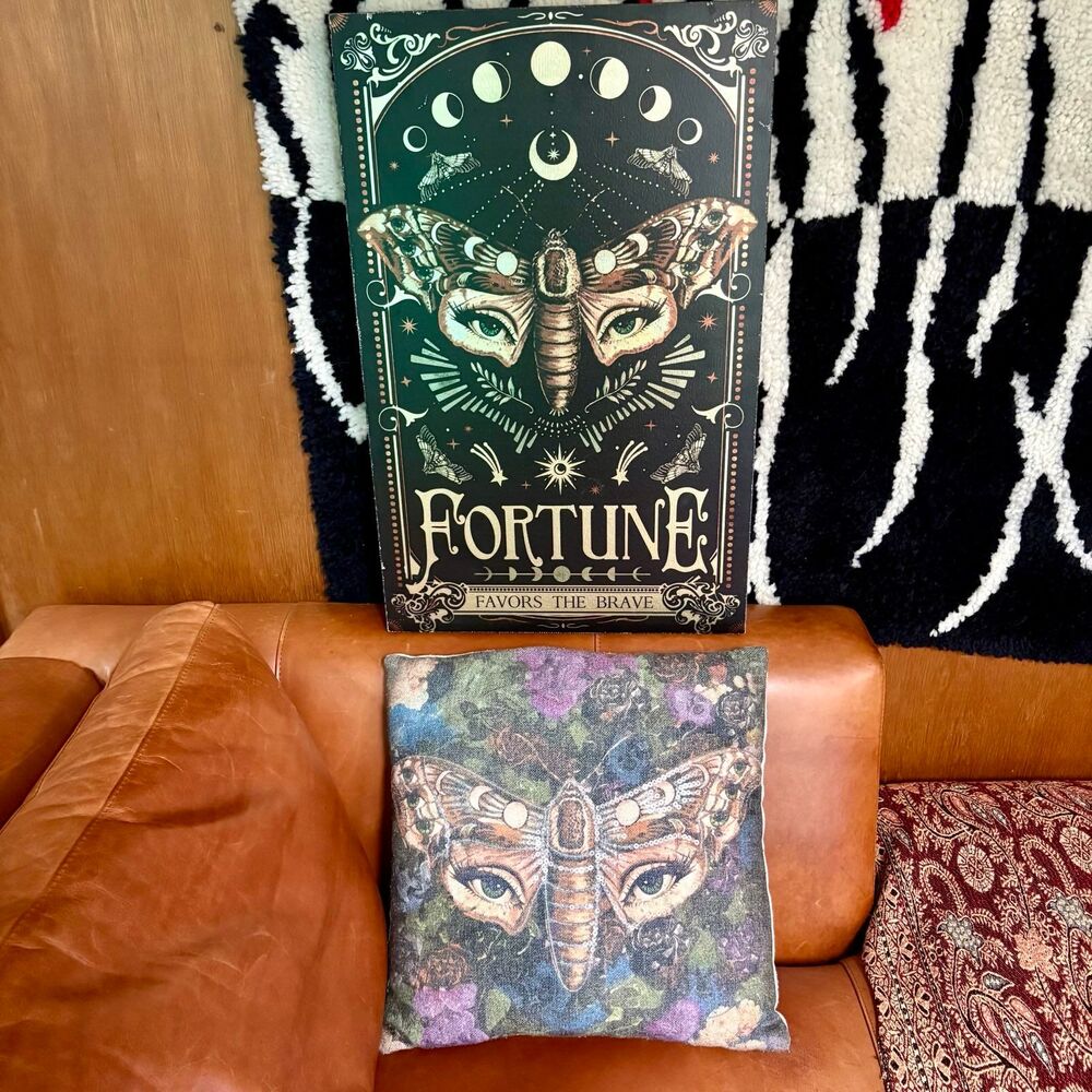 Gypsy Moth Decor Set, Matching 'Fortune Favors the Brave' Wall Art + Moth Pillow